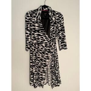 Laundry By Shelli Segal Long Sleeve Wrap Midi Dress Black White Zebra Print Sz S